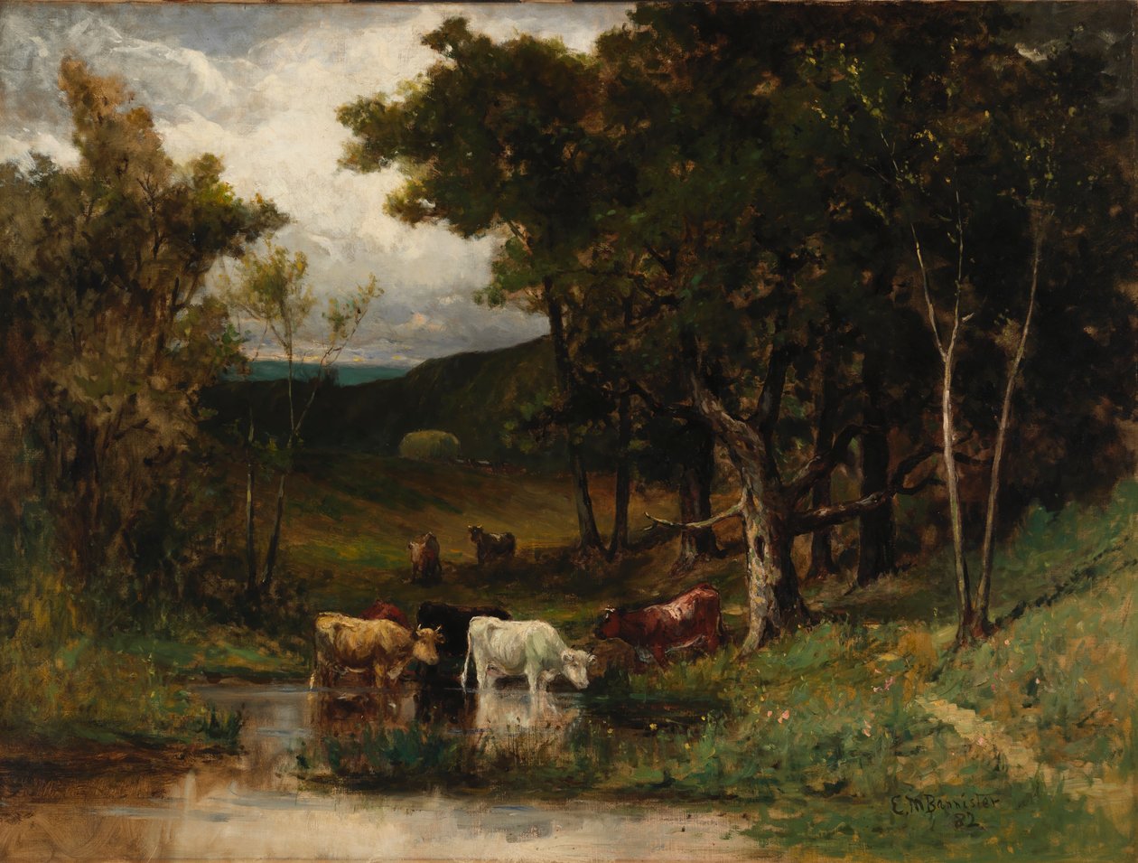 Paesaggio senza titolo con mucche nel ruscello vicino agli alberi, 1882 da Edward Mitchell Bannister