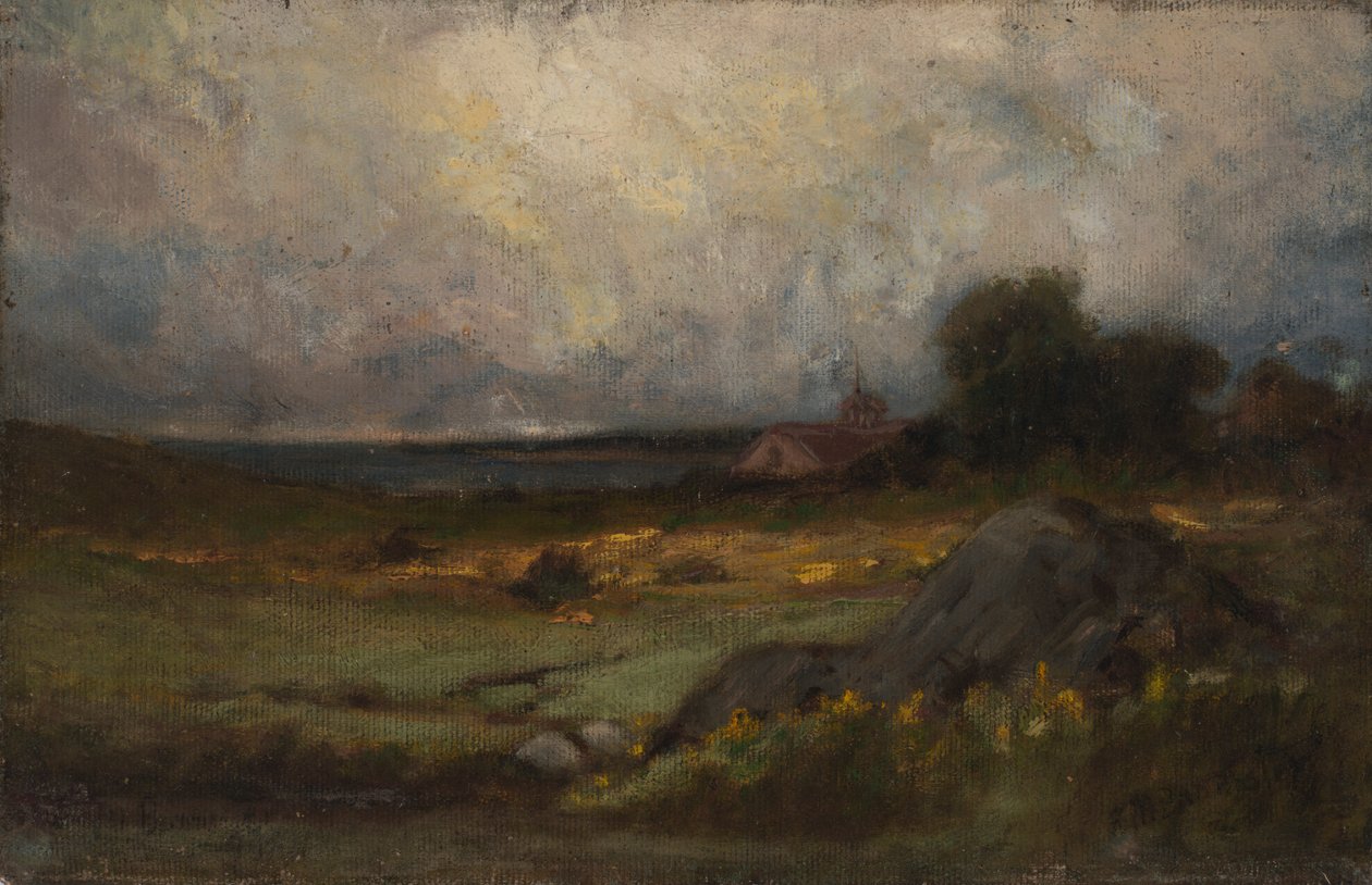 Paesaggio senza titolo con roccia in primo piano e tetto con campanile, lago sullo sfondo da Edward Mitchell Bannister