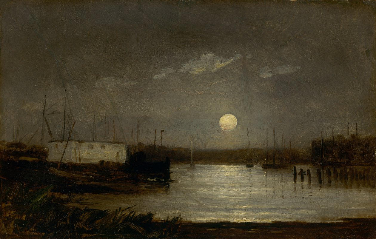 Luna piena senza titolo su un porto, scena del molo con luna piena e alberi di barche, ca. 1868 da Edward Mitchell Bannister