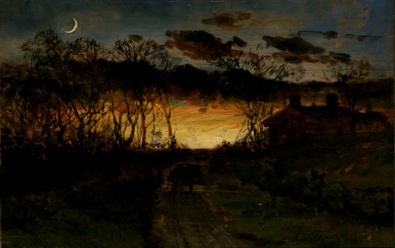 Tramonto senza titolo con quarto di luna e fattoria da Edward Mitchell Bannister