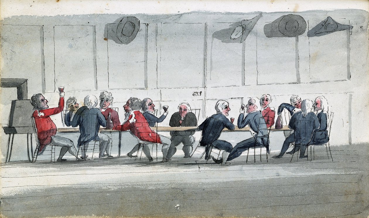 La mensa degli ufficiali, un cartone che mostra ufficiali della Marina riuniti a bere vino. Disegno di Edward Pelham Brenton (1774-1839), colorato ad acquerello da Edward Pelham Brenton