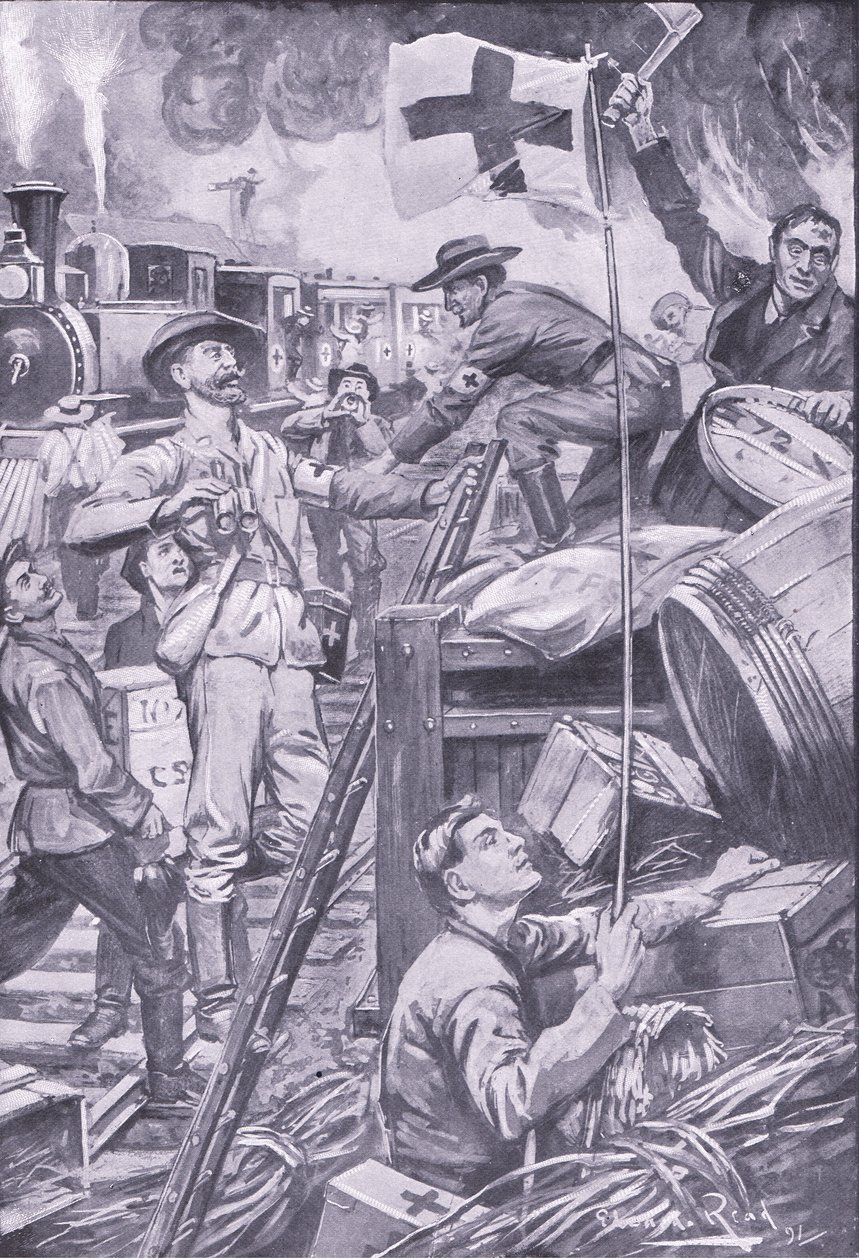 Falsi ambulanzieri che distruggono i magazzini a Komati Foort sotto la copertura della bandiera della Croce Rossa, illustrazione da After Pretoria: The Guerilla War, 1902 da Edward Read
