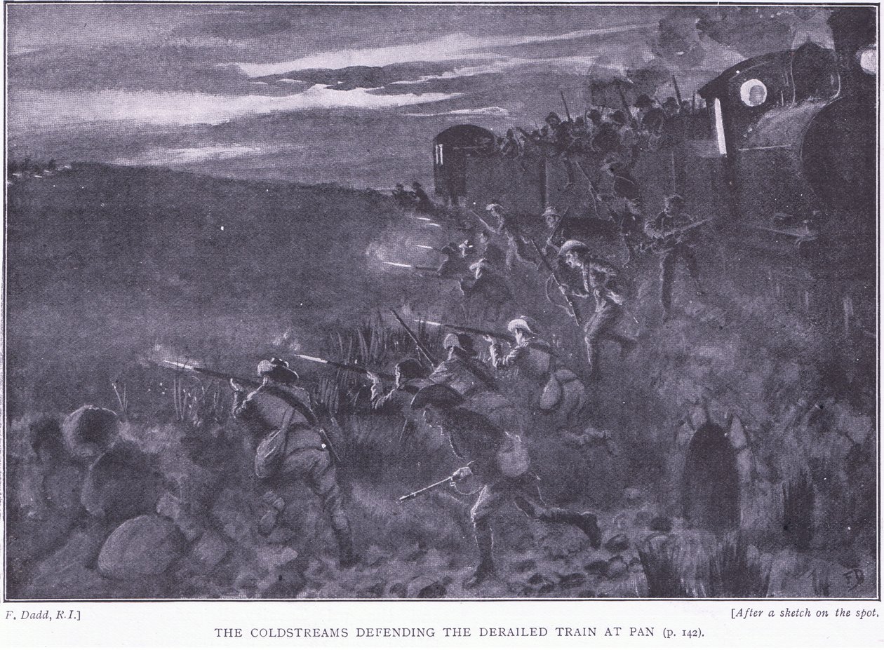 I Coldstream che difendono un treno deragliato, illustrazione da After Pretoria: The Guerilla War, 1902 da Edward Read