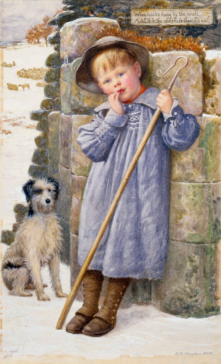 "Dick il pastore" Un pastorello con le dita in bocca, che indossa un camice. Dipinto di Edward Robert Hughes (1851-1914) (pre-rafaelita) 1902 Collezione privata da Edward Robert Hughes