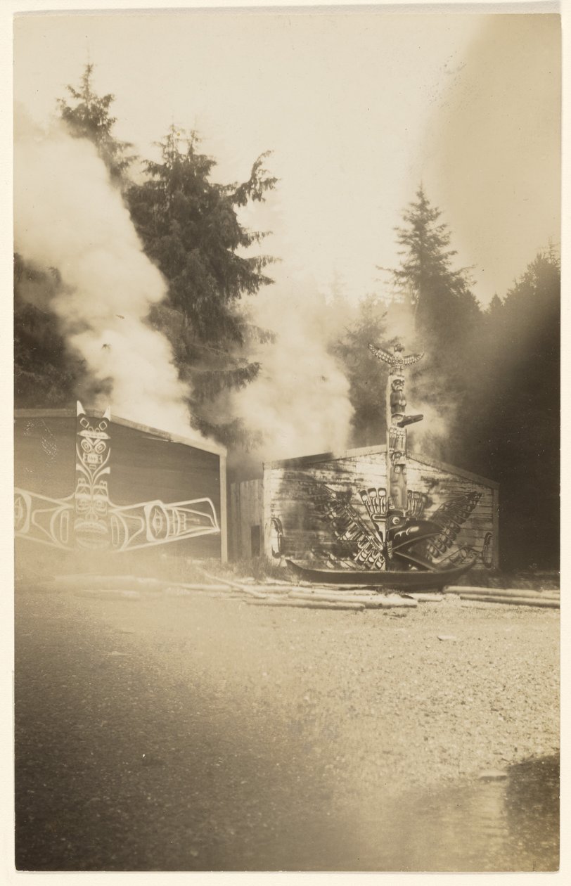 [Mentre le fiamme luride salivano più in alto, dipingevano di cremisi il mare che lambiva i piedi di una foresta spettrale]. da Edward S. Curtis