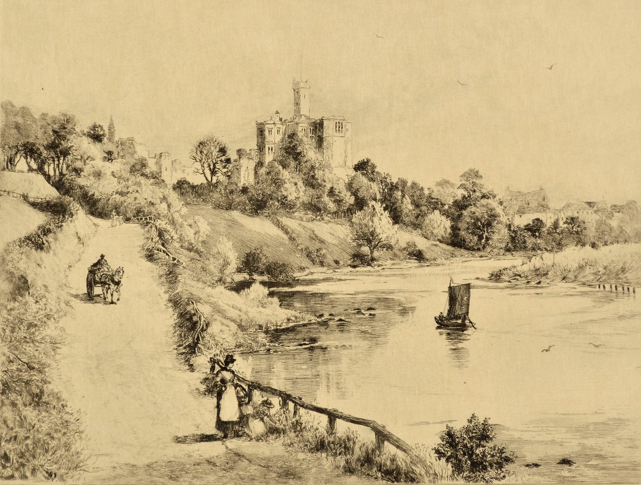 Il Coquet: Castello di Warkworth dalla strada per Amble, c.1880 (incisione) da Edward Slocombe