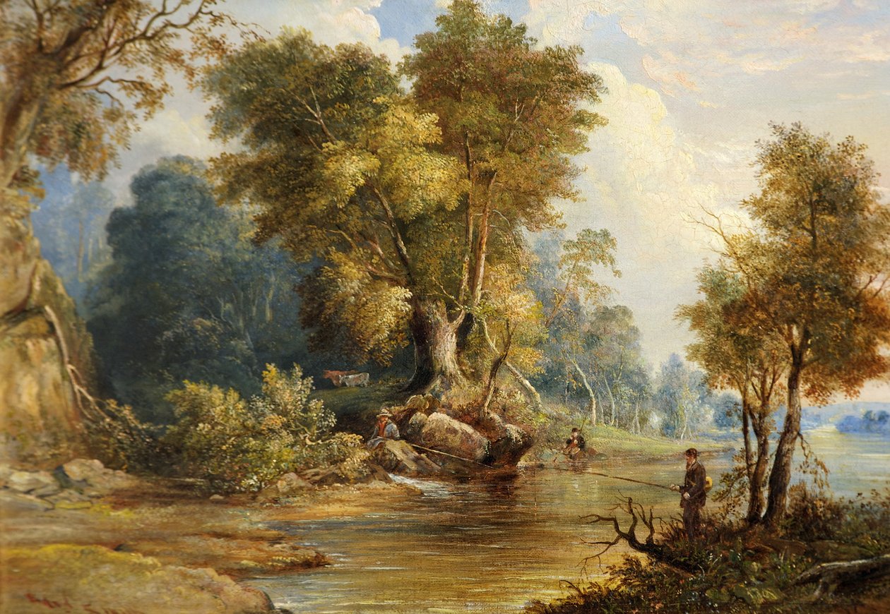 Scena fluviale con pescatori, il Leadon, Gloucestershire, c.1880 da Edward Smith