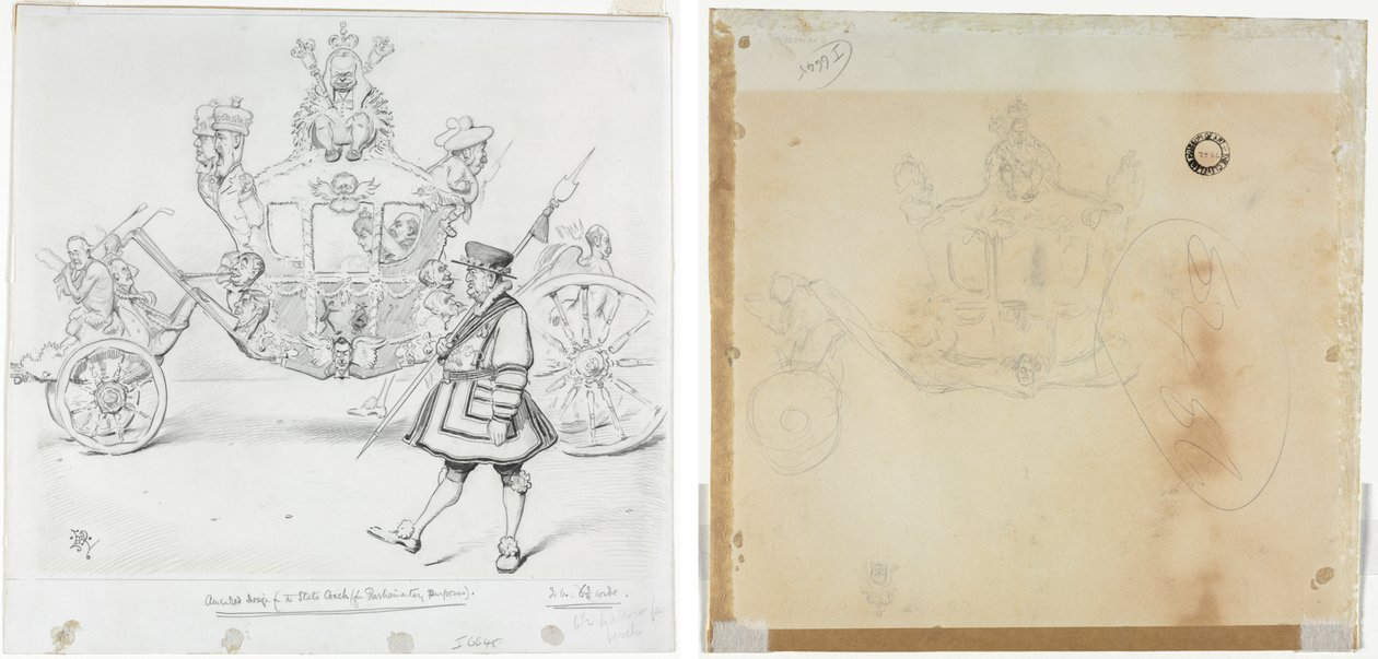La Diligenza per Scopi Parlamentari (recto) Studio per Cabina e Ruota Anteriore Sinistra della Carrozza e Studio per Testa di Figura Incoronata Seduta sulla Carrozza (verso) da Edward Tennyson Reed