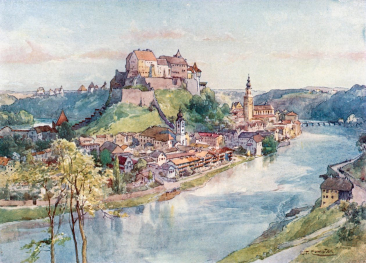 Burghausen sul Salzach (litografia a colori) da Edward Theodore Compton