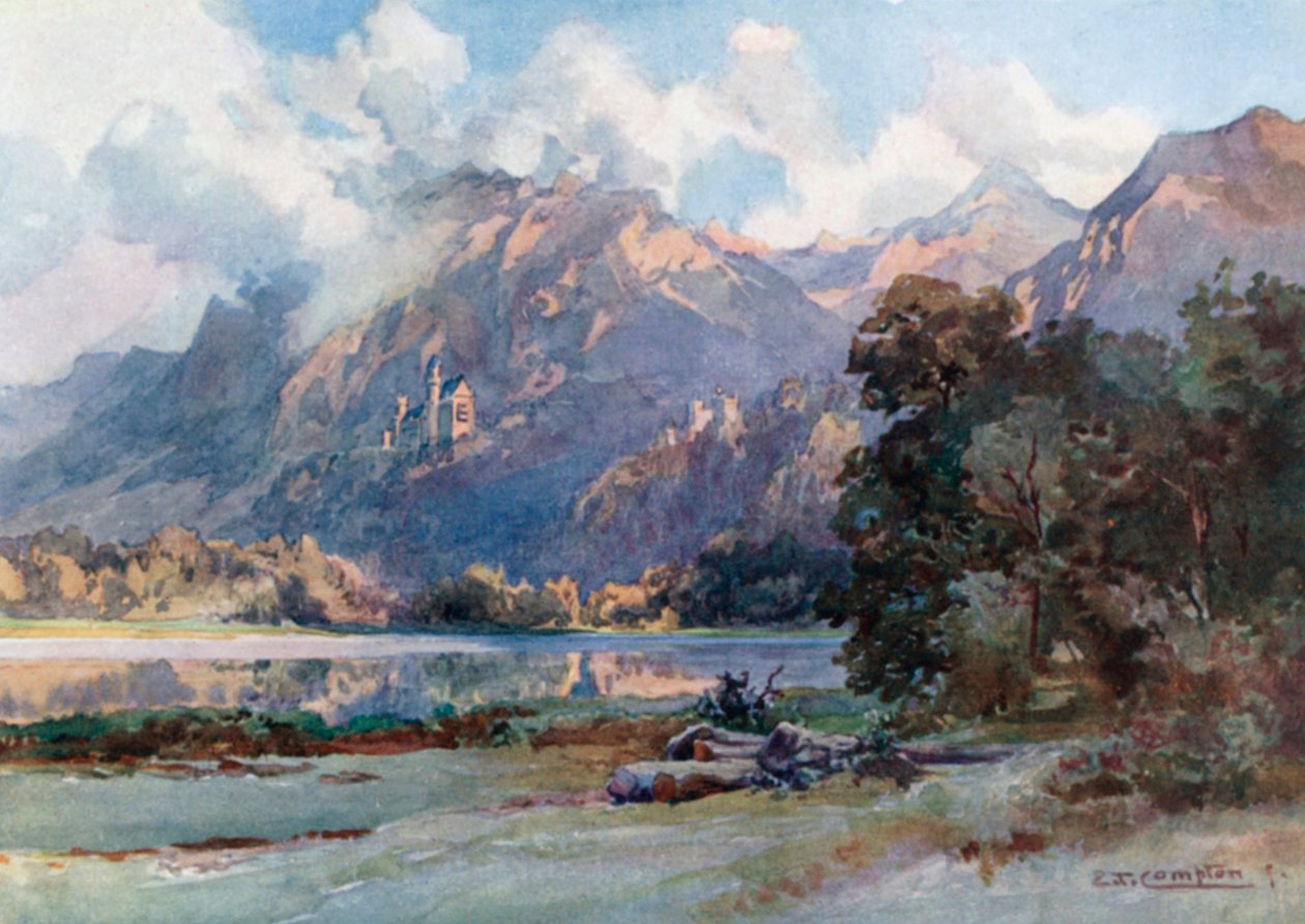 Neuschwanstein e Hohenschwangau (litografia a colori) da Edward Theodore Compton