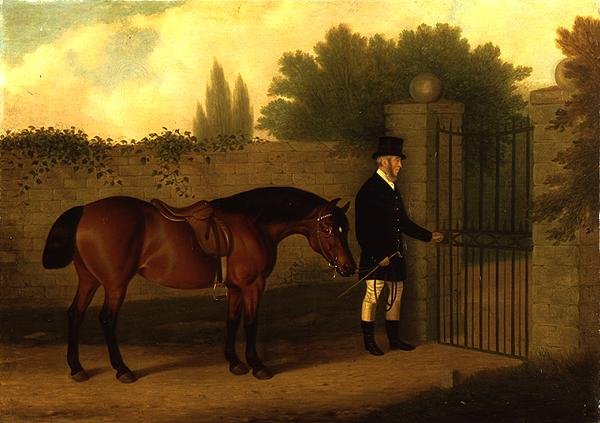 Un gentiluomo che conduce un Welsh Cob vicino a un cancello del giardino da Edward Tolley