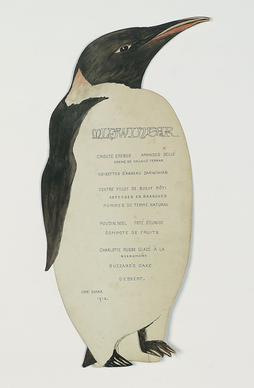 Menu a forma di pinguino imperatore, per la cena del giorno di mezza estate, Cape Evans, 22 giugno 1912 da Edward W. Nelson