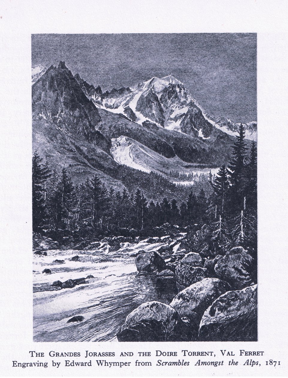 Le Grand Jorasses e il Torrente Doire, Val Ferrett, da British Adventure pubblicato da Collins, 1947 da Edward Whymper