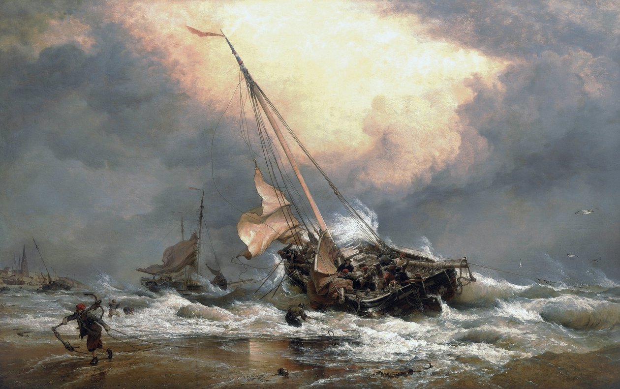 Pescatori che tirano le loro barche sulla riva del Mare del Nord, vicino a Scheveningen (Olanda) da Edward William Cooke