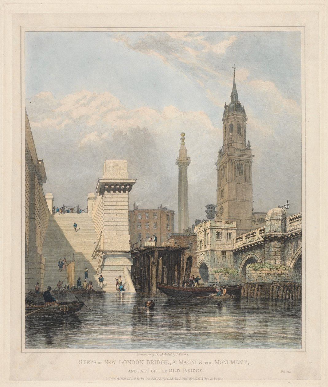 Gradini del nuovo London Bridge, St. Magnus, il Monumento e parte del vecchio ponte da Edward William Cooke