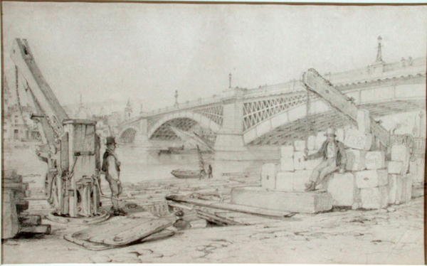 Veduta del Southwark Bridge e del fiume Tamigi da Bankside, con due gru in primo piano da Edward William Cooke