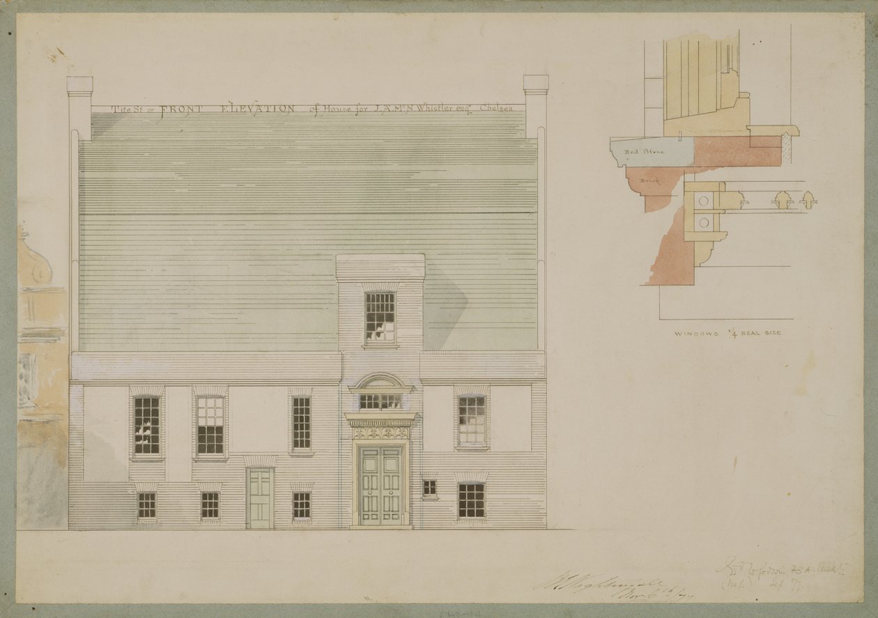 Elevazione frontale della casa per J.A.M. Whistler Esq, Tite Street, Chelsea da Edward William Godwin