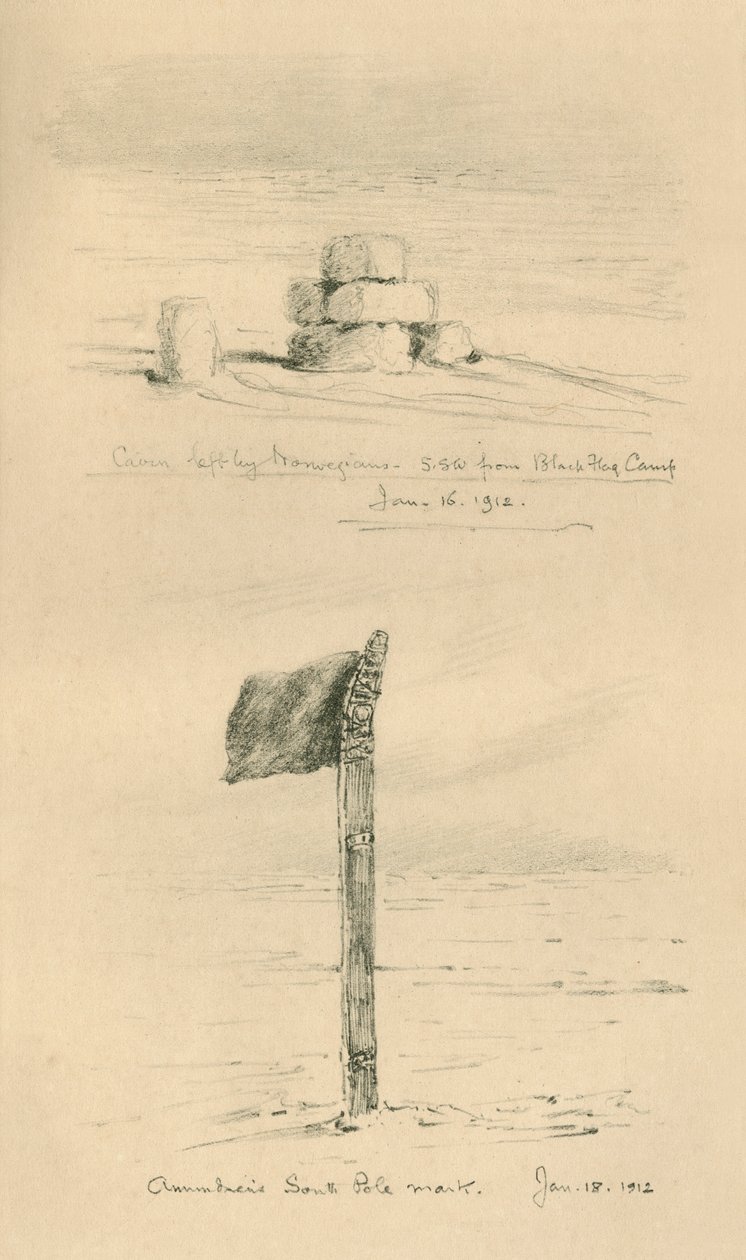 Cairn lasciato dai norvegesi e il segno del Polo Sud di Amundsen, gennaio 1912, 1913 da Charles Edward Wilson