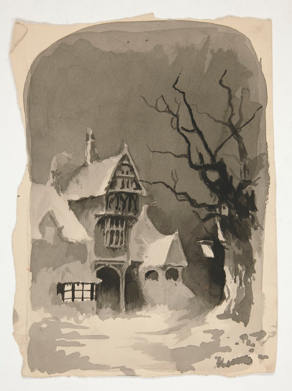 Scena invernale: Casa nella neve (recto); Studi di figure assortite (verso) da Edwin Austin Abbey