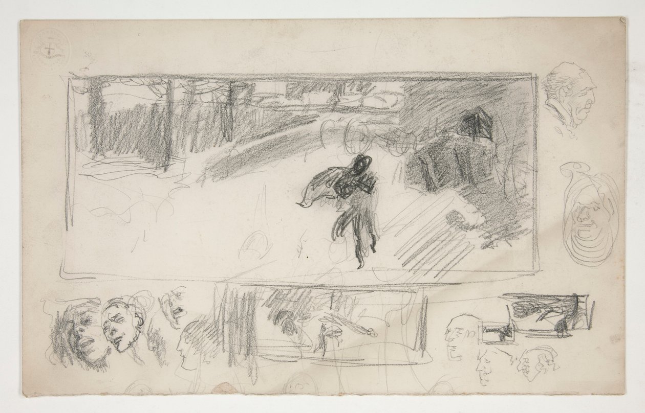 Schizzi assortiti (recto); Schizzo di un uomo con mantello (verso) da Edwin Austin Abbey