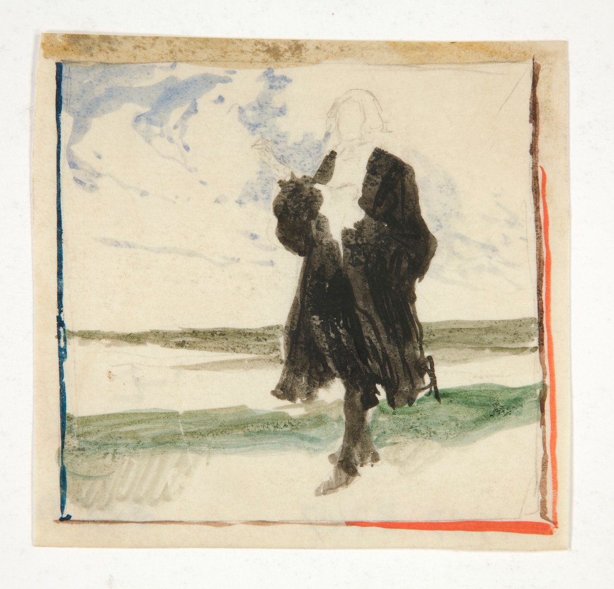 Uomo con mantello nel paesaggio - illustrazione non identificata da Edwin Austin Abbey
