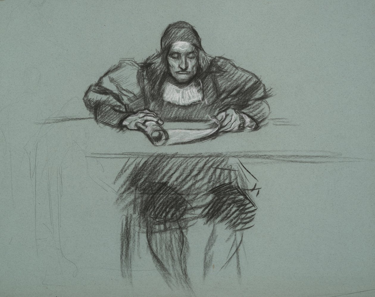 Figura per il processo della regina Katherine. impiegato alla scrivania da Edwin Austin Abbey