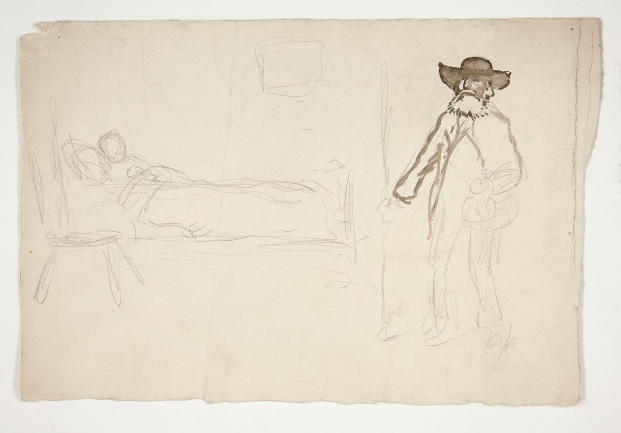 Figura a letto, uomo che entra nella stanza - illustrazione non identificata da Edwin Austin Abbey
