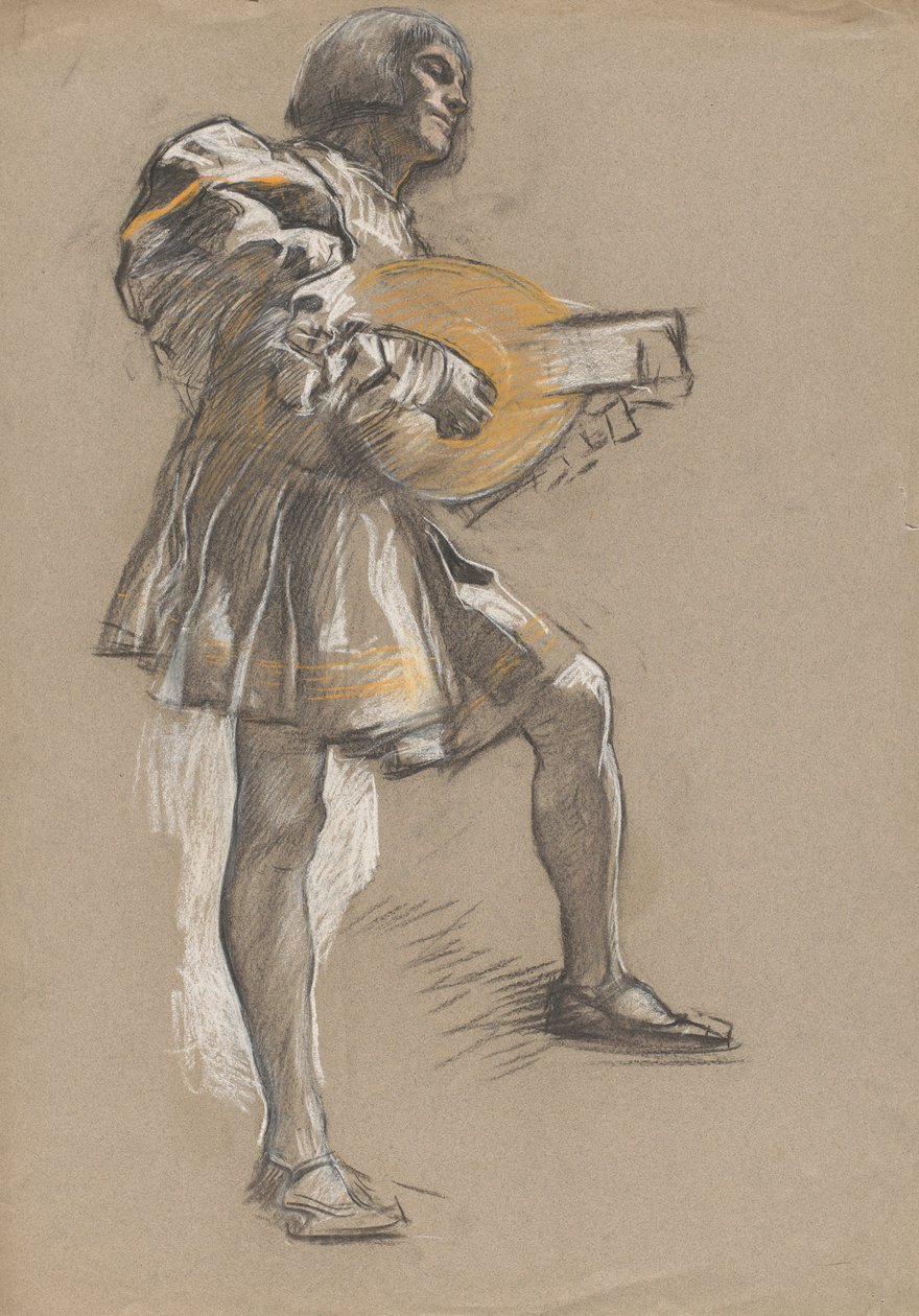 Figura con mandolino in costume medievale da Edwin Austin Abbey
