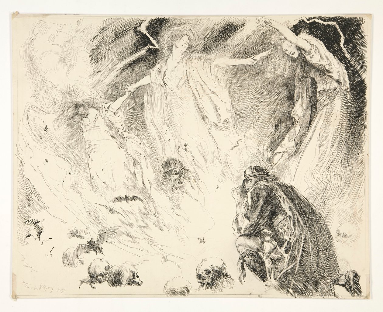 Prima apparizione: Macbeth! Macbeth! Macbeth! attento a Macduff., Atto IV, Scena 1, Macbeth da Edwin Austin Abbey