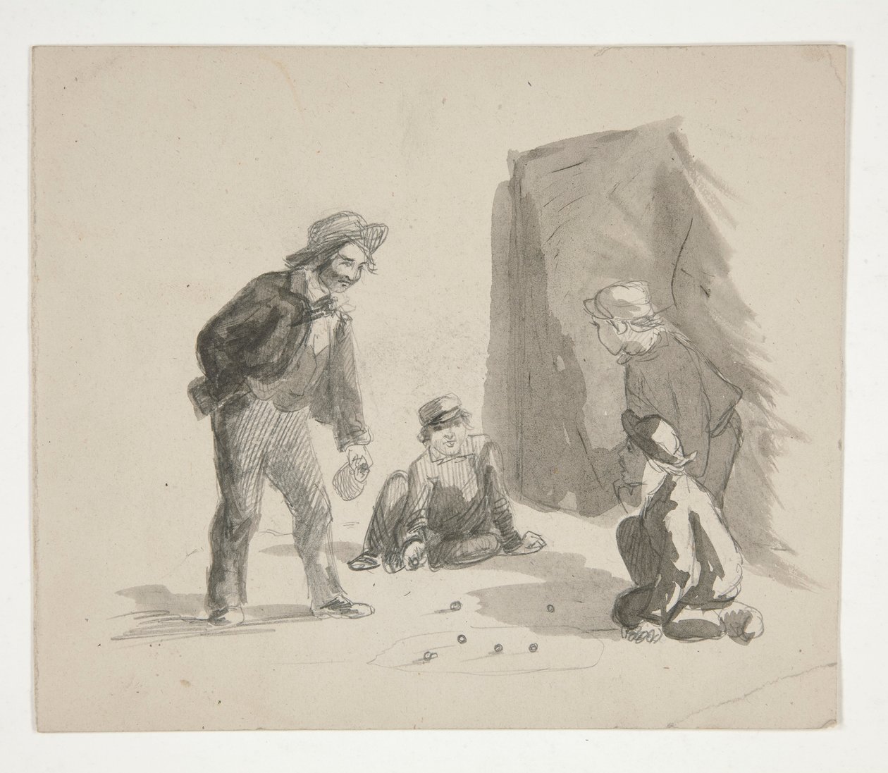 Quattro ragazzi che giocano a biglie (recto); Illustrazione non identificata di ragazzo al cavalletto in interni (verso) da Edwin Austin Abbey