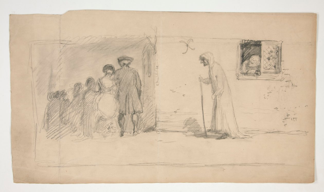 Gruppo di figure fuori da una casa di pietra - illustrazione non identificata da Edwin Austin Abbey