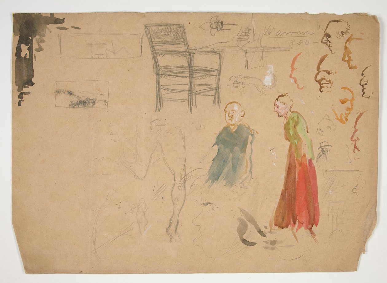 Studi di testa e figura, e studio di una sedia (recto); schizzi per illustrazioni di libri (verso) da Edwin Austin Abbey