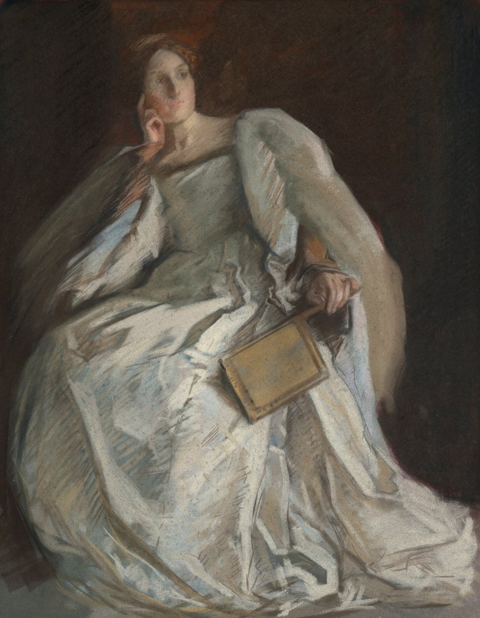 Signora in bianco seduta. Mano destra al mento. Tenendo un ventaglio. da Edwin Austin Abbey
