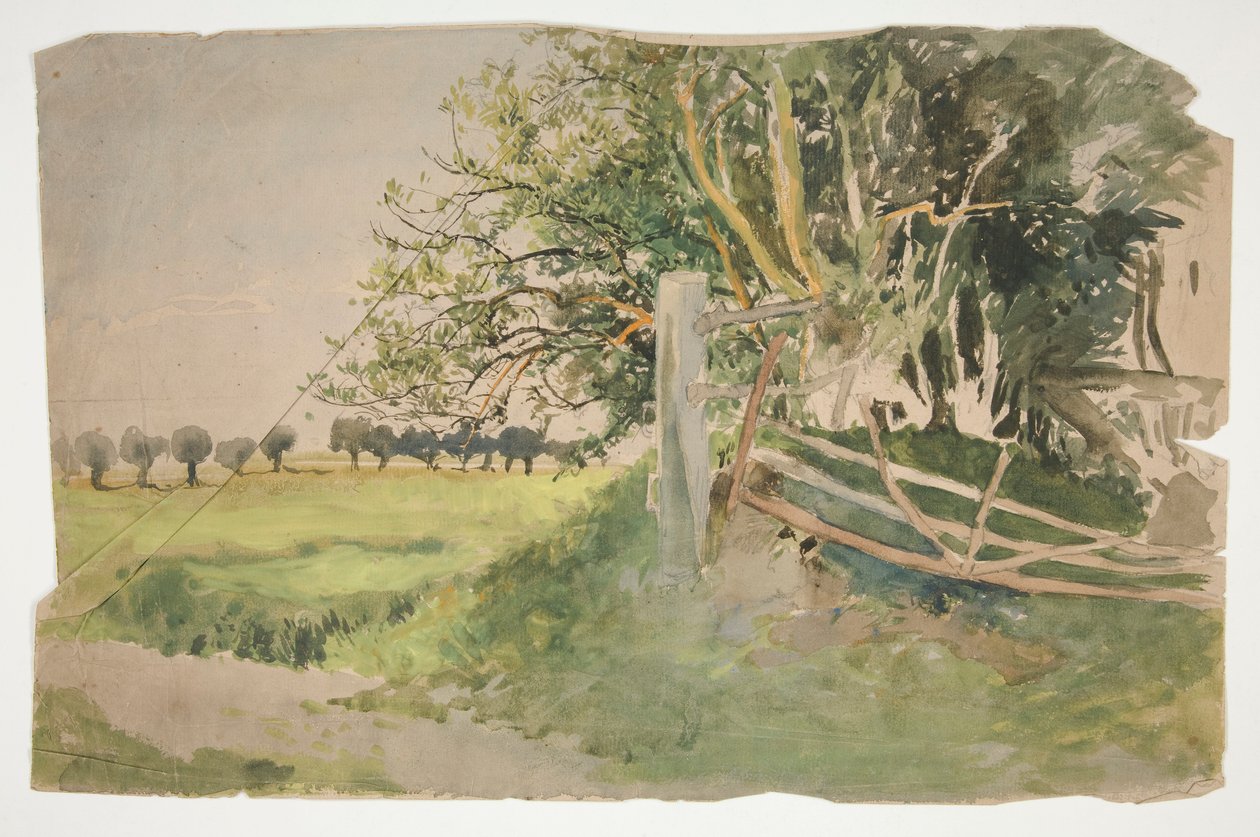 Paesaggio con alberi e recinto rotto da Edwin Austin Abbey