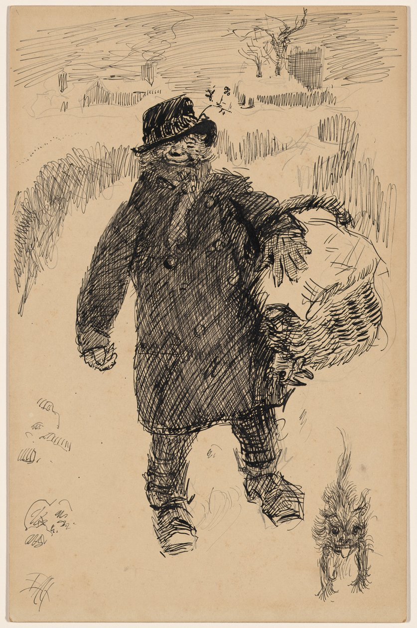 Uomo che cammina nella neve portando un cesto coperto, accompagnato da un piccolo terrier da Edwin Austin Abbey