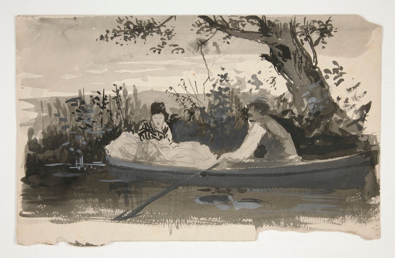 Uomo e donna in barca a remi, vicino alla riva del fiume - illustrazione non identificata da Edwin Austin Abbey