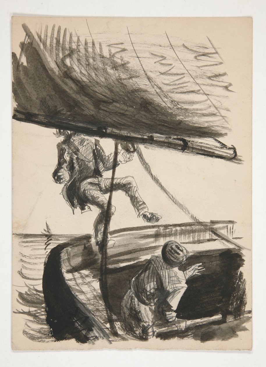 Uomo sbalzato fuori bordo dal boma della barca a vela (recto); Illustrazione non identificata di un ragazzo che lucida un uomo da Edwin Austin Abbey