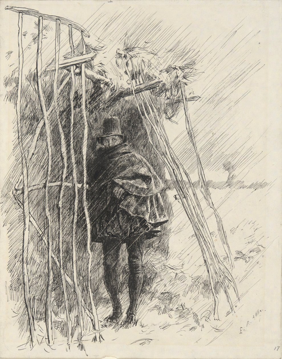 Uomo sotto la pioggia, studio per illustrazione da Edwin Austin Abbey