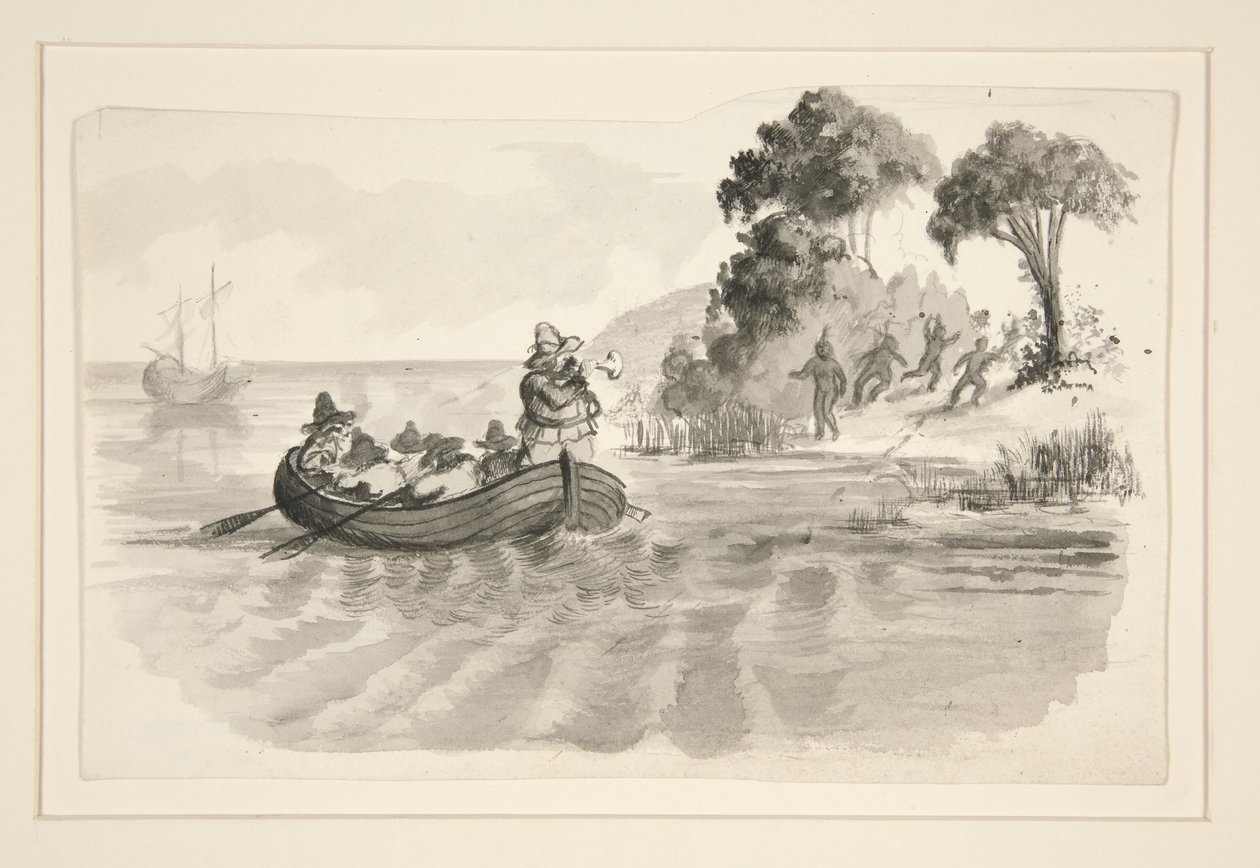 Uomini in barca a remi che fuggono dagli indiani sulla riva - illustrazione non identificata (Colombo che scopre il Nuovo Mondo?) - esploratori che sbarcano nel Nuovo Mondo da Edwin Austin Abbey