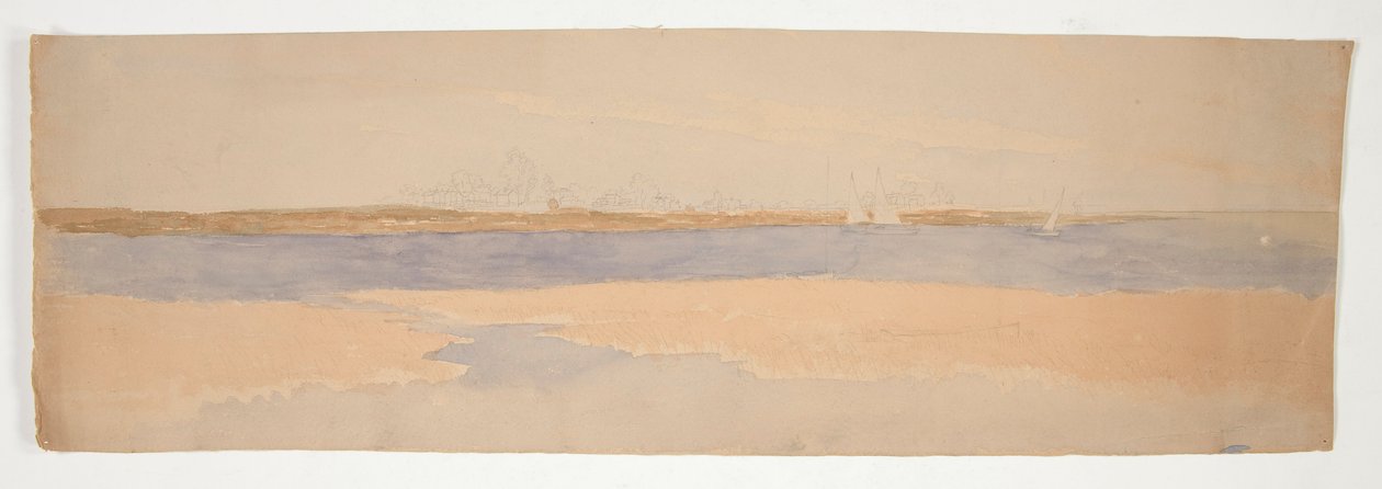 Paesaggio fluviale con città sulla riva lontana da Edwin Austin Abbey