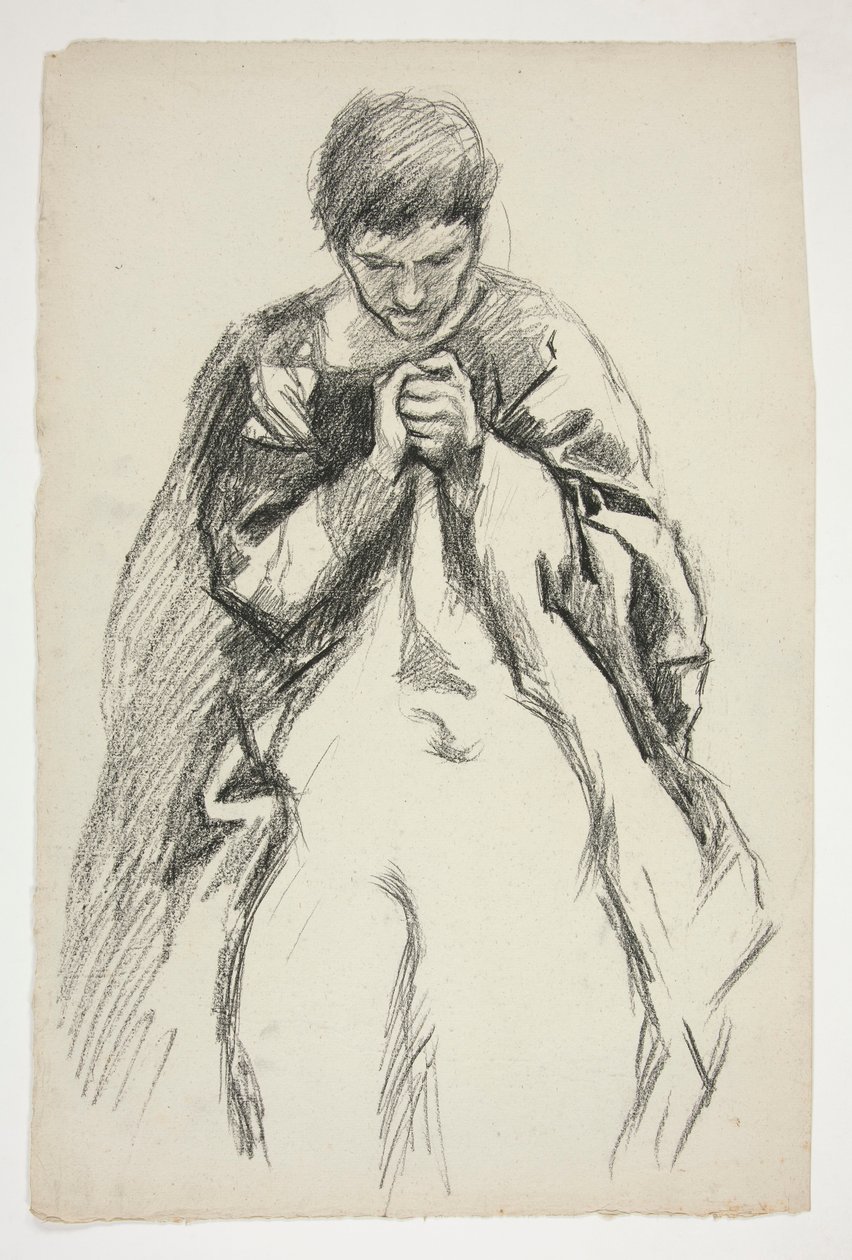 Figura in vesti, in preghiera: studio per la serie di murali La Ricerca del Santo Graal alla Biblioteca Pubblica di Boston da Edwin Austin Abbey