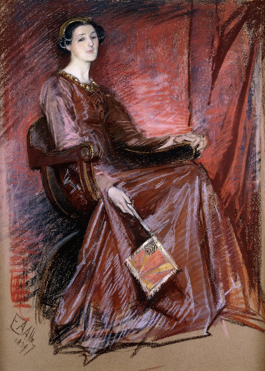 Donna seduta con copricapo elisabettiano, 1897 da Edwin Austin Abbey