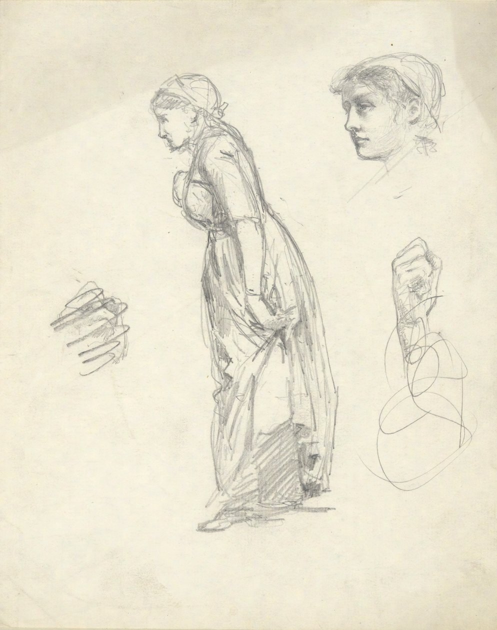 Foglio di studi: donna, testa e mani da Edwin Austin Abbey