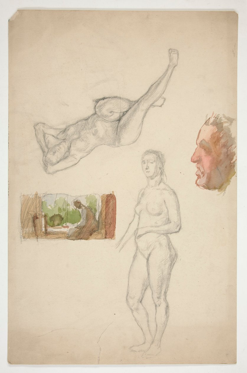Foglio di schizzi: due donne nude, profilo di un uomo, figura seduta in un interno da Edwin Austin Abbey