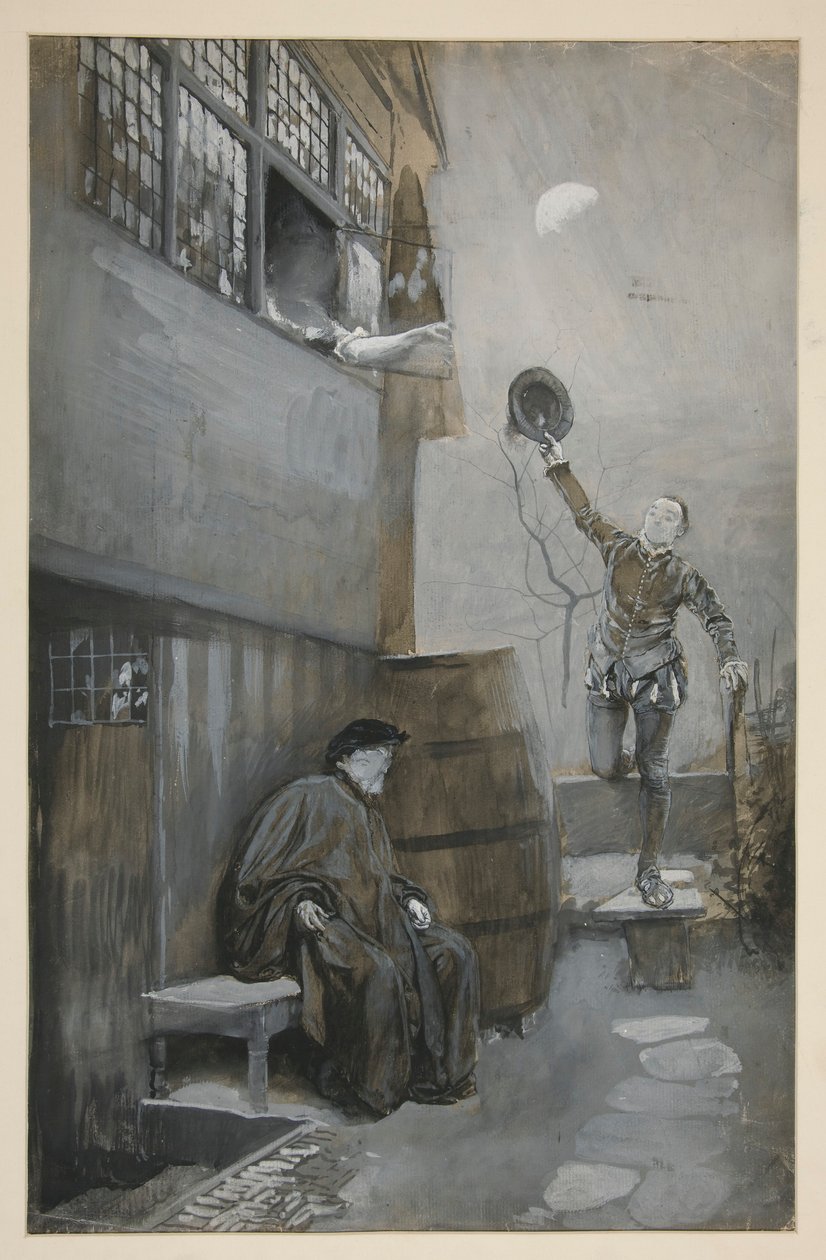 Schizzo per incontro notturno - 3 figure: due maschili, una femminile da Edwin Austin Abbey