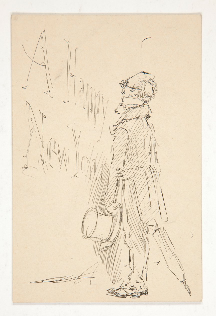 Schizzo per un biglietto di auguri: Buon anno; studio di un uomo che legge un cartello da Edwin Austin Abbey