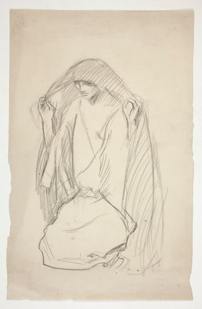 Schizzo di una figura femminile incappucciata in preghiera per Tre Marie alla Croce da Edwin Austin Abbey