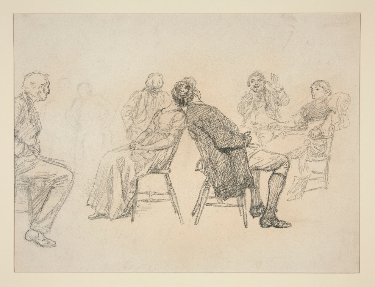 Schizzo di una coppia che gioca, circondata da spettatori, in un interno (?) - illustrazione non identificata da Edwin Austin Abbey