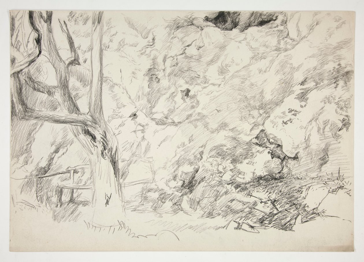 Schizzo di un paesaggio con albero, recinto e figura femminile da Edwin Austin Abbey