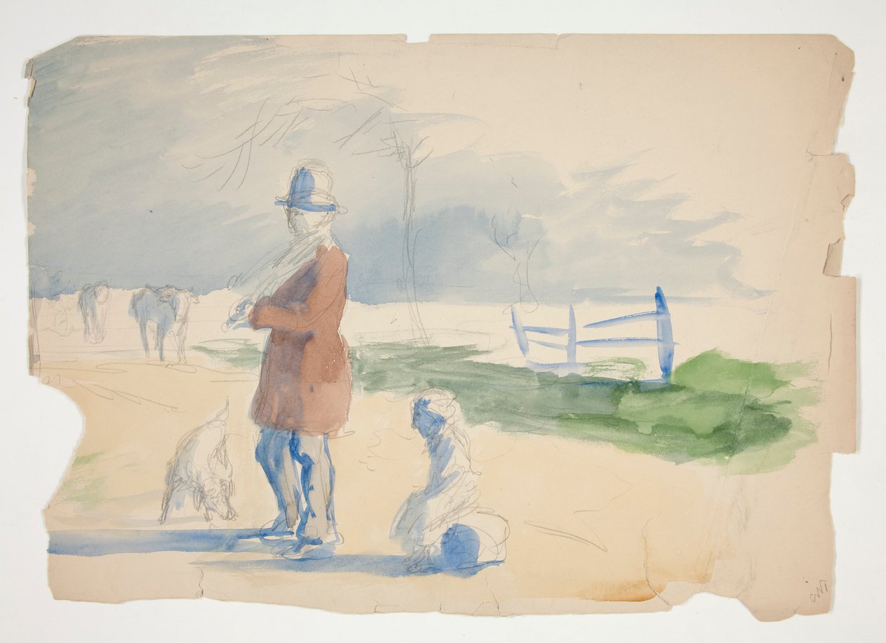 Schizzo di un uomo, un bambino e un cane - illustrazione non identificata da Edwin Austin Abbey